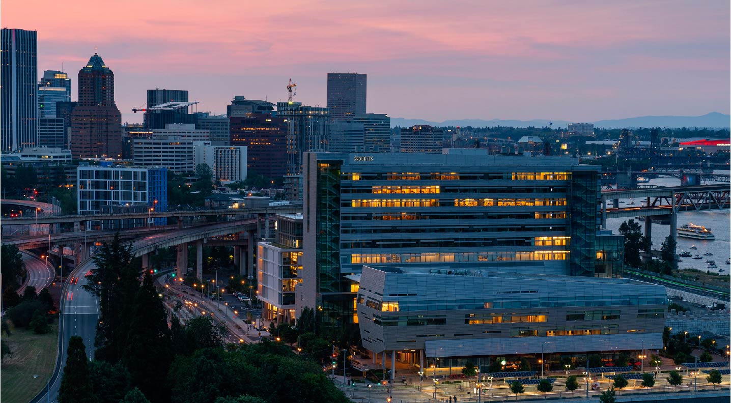 OSU Pharmacy's Portland campus at sunset