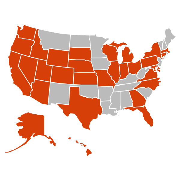 united states with states including our residencies highlighted in orange (full list below)