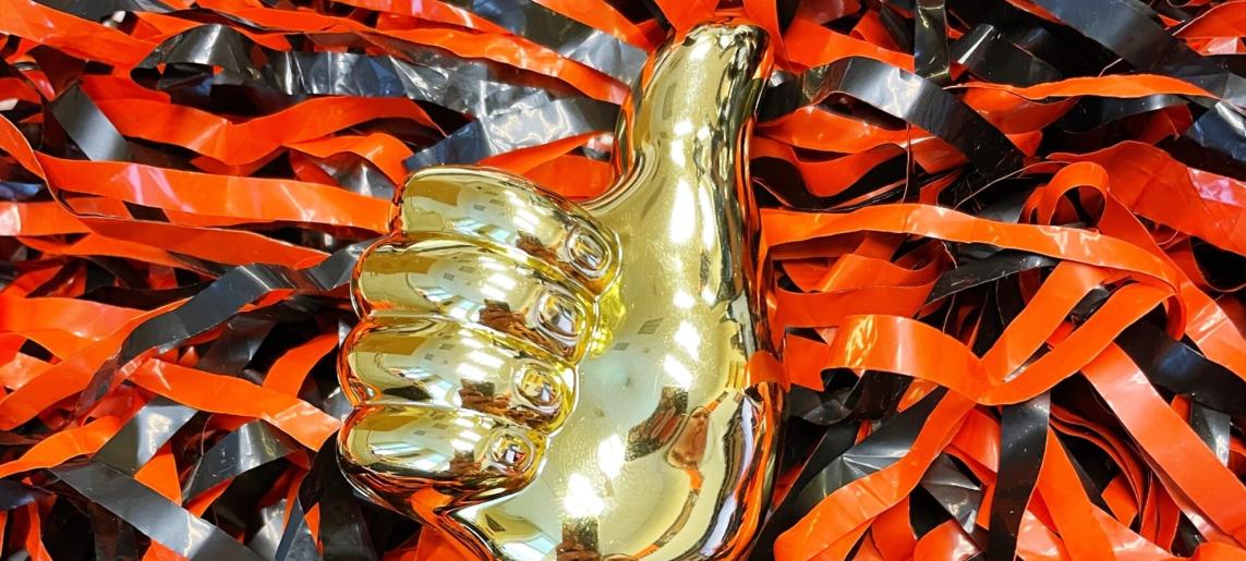 Gold thumbs up trophy on orange and black pom poms