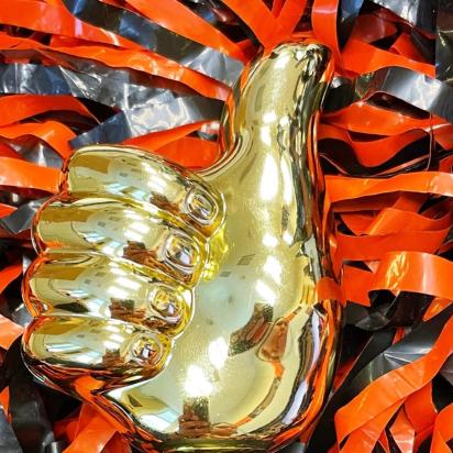 Gold thumbs up trophy on orange and black pom poms