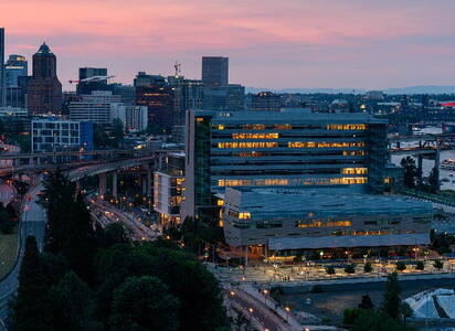 The Portland OSU Pharmacy building at sunset